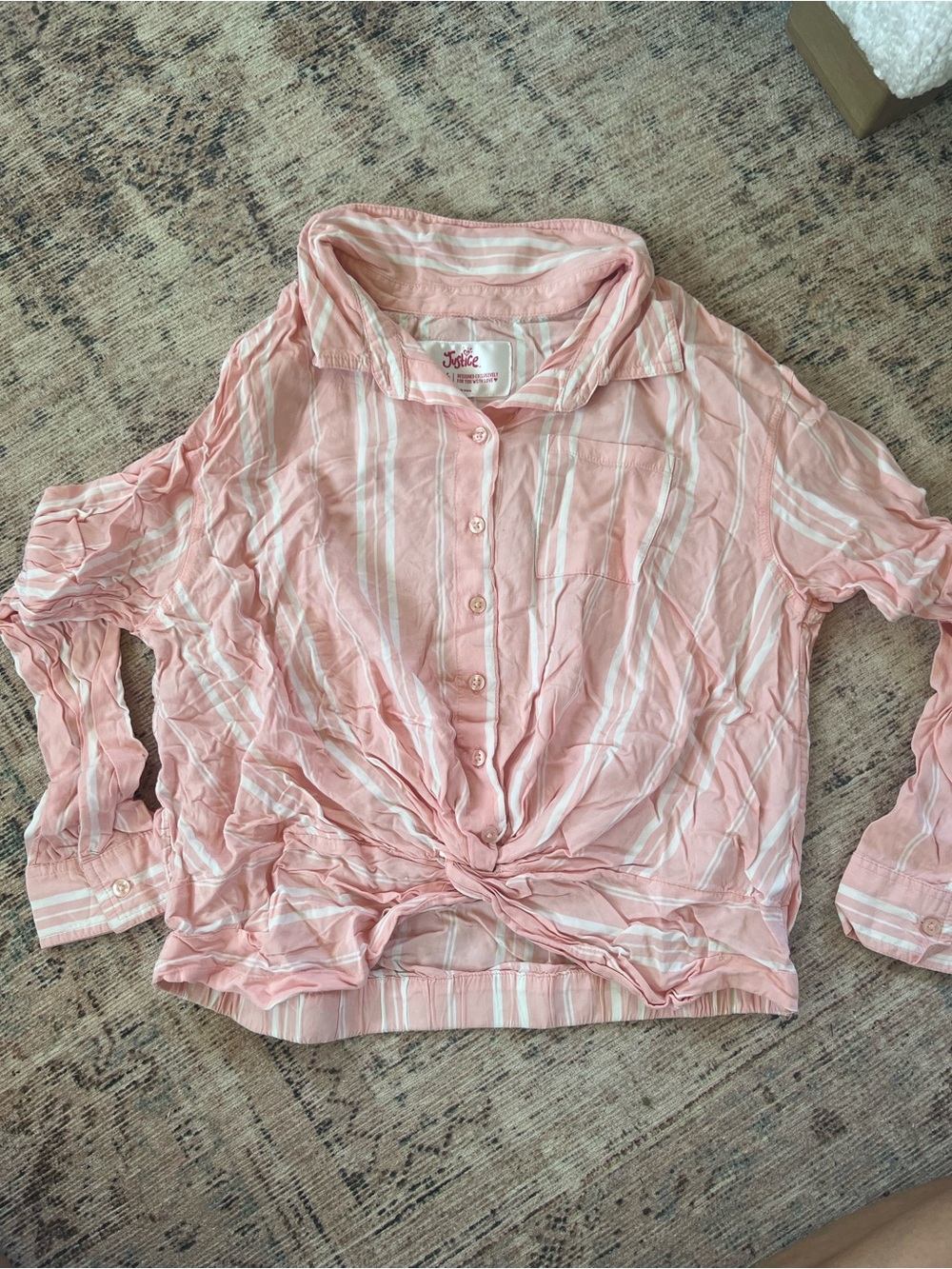Justice Pink and White Striped Tie-Front Button-Down Shirt